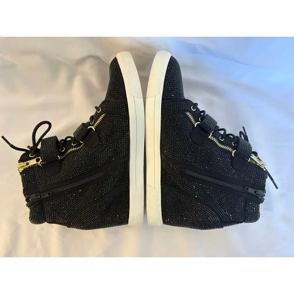 INC International Concepts Debby Rhinestone Wedge Sneakers Black Gold Sz 10